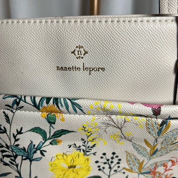 Nanette Lepore Cream Floral Canvas Tote Bag with Leather Straps - Picture 5 of 6